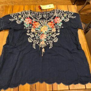 NWT Navy Blue Embroidered Johnny Was Short Sleeve Blouse Women's Size XL